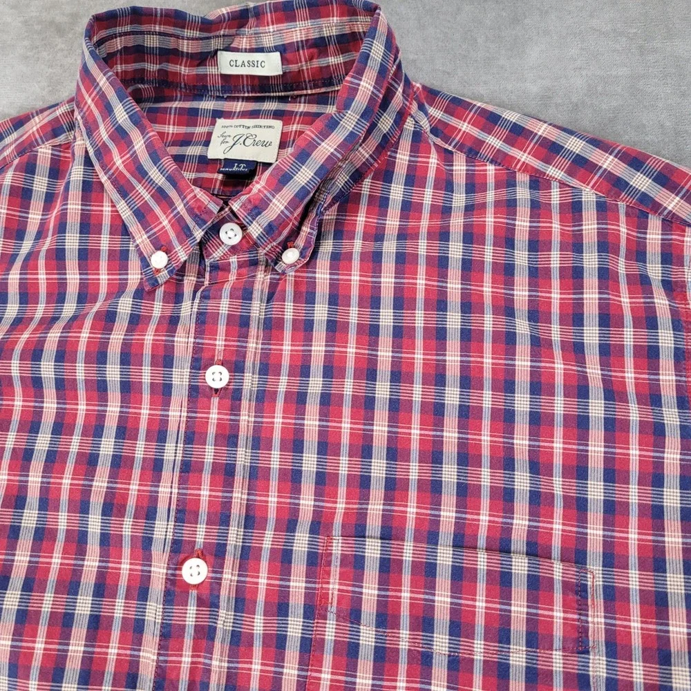J. Crew Y2K Mens LT Large Tall Classic Fit Button Down Shirt Red Blue‎ Plaid